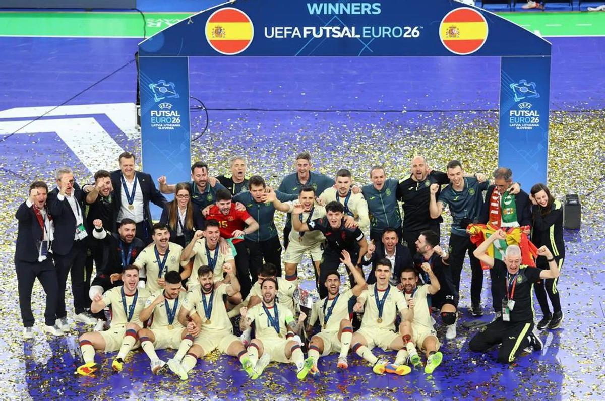 Los jugadores de España celebran el triunfo ante Portugal en el Europeo de fútbol sala. | RFEF