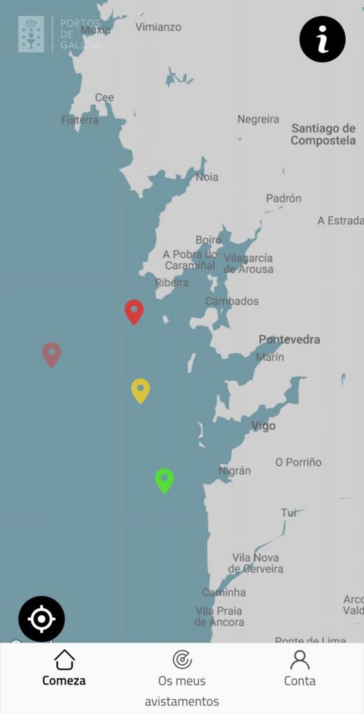 Captura del registro de la App Orcinus con las localizaciones de los avistamientos de orcas