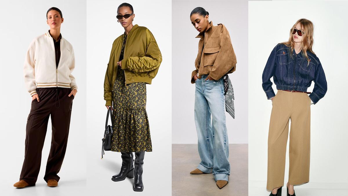 Chaqueta ‘bomber’ con cremallera completa de Guess. | Cazadora ‘bomber oversize’ con ribetes acanalados de Michael Kors. | Chaqueta ‘bomber denim’ con bajo elástico de Zara. | Cazadora globo efecto antelina de Stradivarius.