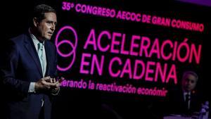 El presidente de la patronal CEOE, Antonio Garamendi, durante la inauguraciÃ³n de la  35Âº ediciÃ³n del Congreso de Gran Consumo organizado por la AsociaciÃ³n de Fabricantes y Distribuidores (AECOC), en Valencia, Comunidad Valenciana (EspaÃ±a), a 28 de octubre de 2020. Garamendi aporta su anÃ¡lisis sobre el contexto econÃ³mico actual y las previsiones para los prÃ³ximos meses.