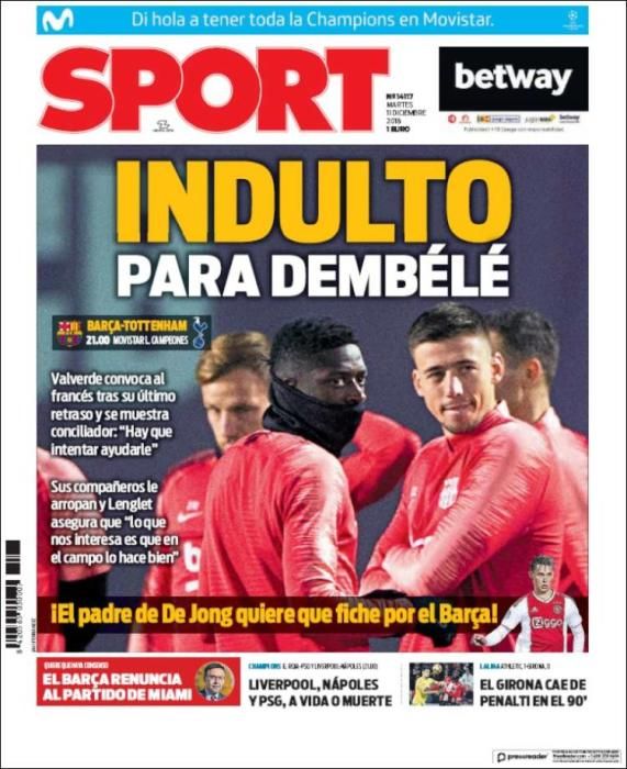 Portada SPORT martes 11 de diciembre 2018