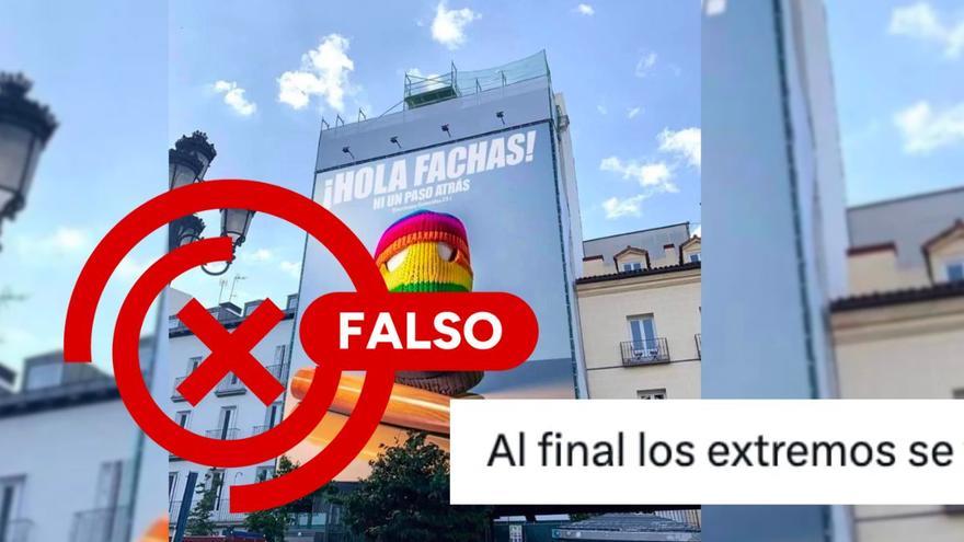 No, esta lona que dice “¡HOLA FACHAS! NI UN PASO ATRÁS” con un pasamontañas y un bate no es real