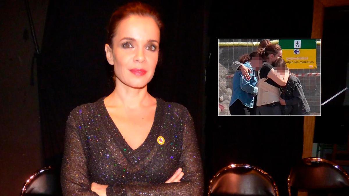 Carme Chaparro, en una imagen de archivo. En el recuadro, la periodista recoge a su marido, Bernabé Domínguez, y a sus hijas, en la estación de Sans para que puedan asistir al funeral de su padre.