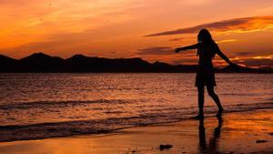 Una mujer en la orilla de una playa al caer el sol. 