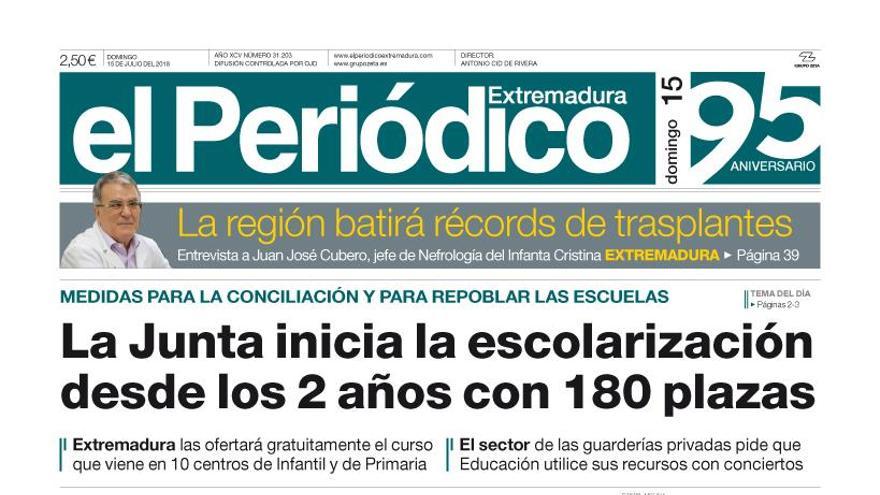 Esta es la portada de EL PERIÓDICO EXTREMADURA correspondiente al día 15 de julio del 2018