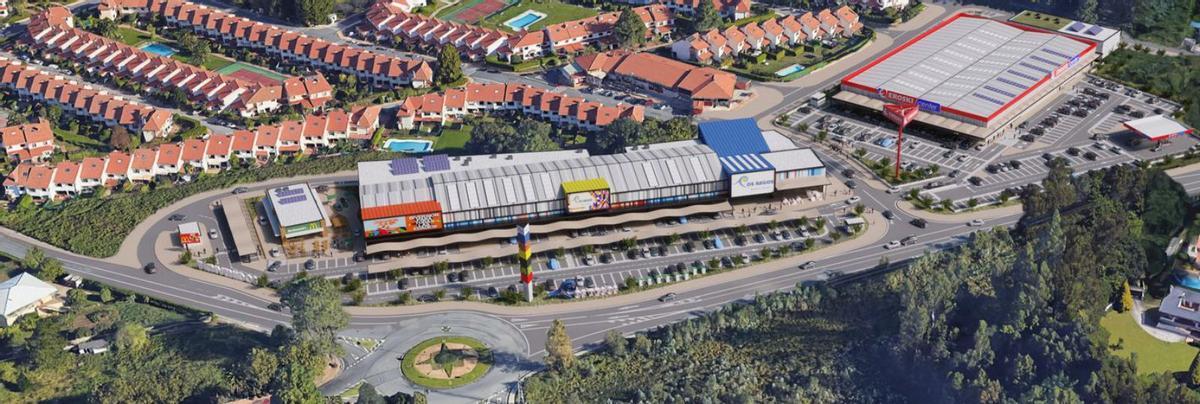 Recreación del parque comercial Os Regos, vista aérea y fachada principal. |   // CEDIDAS