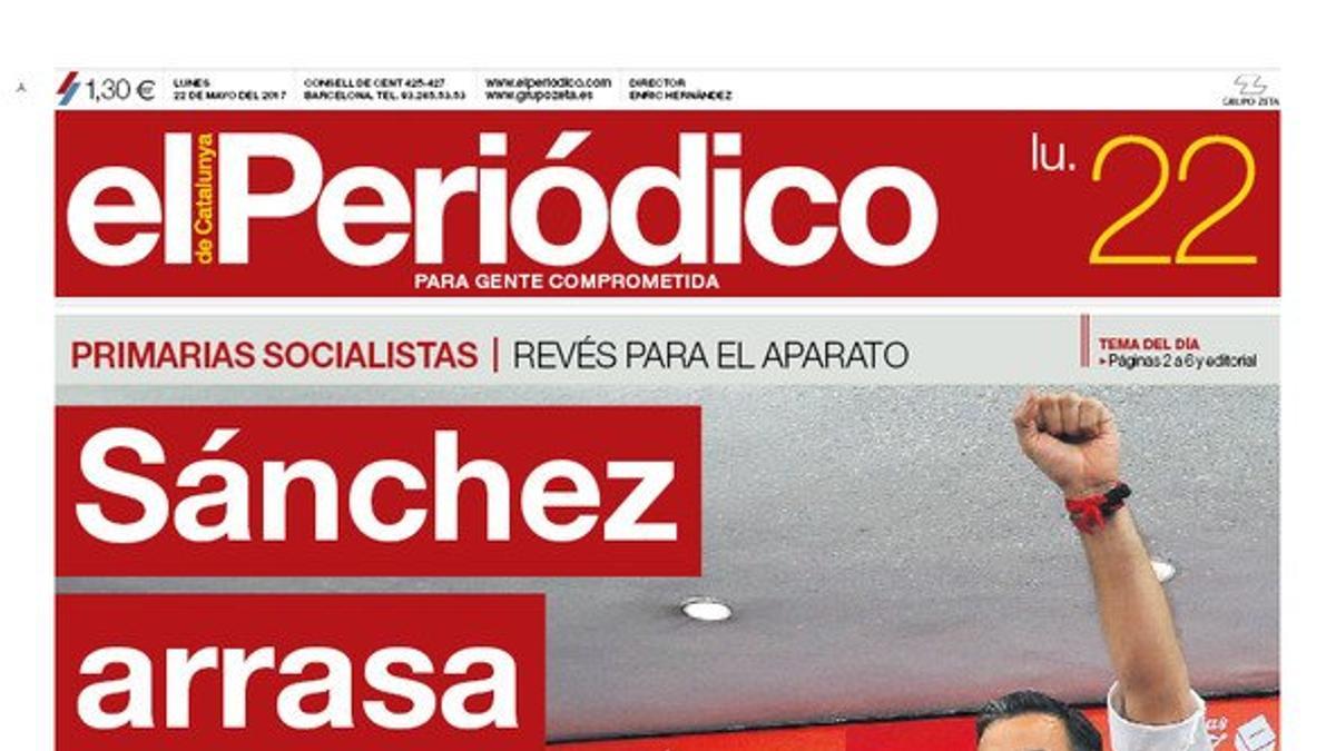 La portada de EL PERIÓDICO del 22 de mayo del 2017