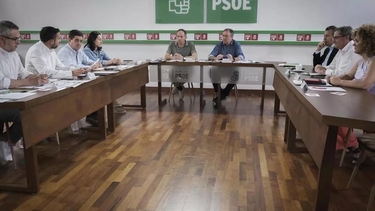 Imagen facilitada por el PSOE andaluz de la reunión de Juan Espadas con los secretarios provinciales del PSOE A.