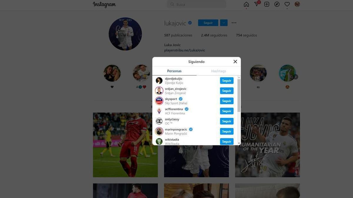 Cuenta de Instagram de Luka Jovic.