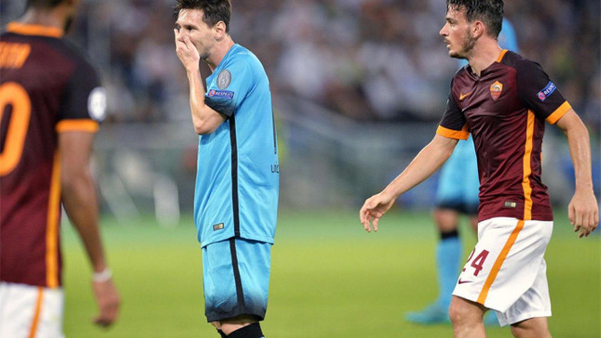 Messi estuvo muy cerca del gol en Roma, pero su remate en el minuto 78 se estrelló en el larguero. El séptimo del FC Barcelona en siete partidos...