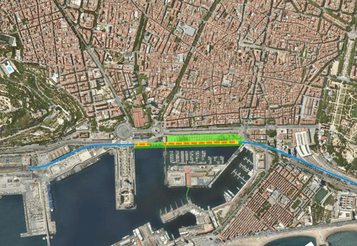 Mapa aéreo del recorrido del nuevo túnel ferroviario para conectar el Vallès, Barcelona y Baix Llobregat que pasaría por el litoral de la capital catalana