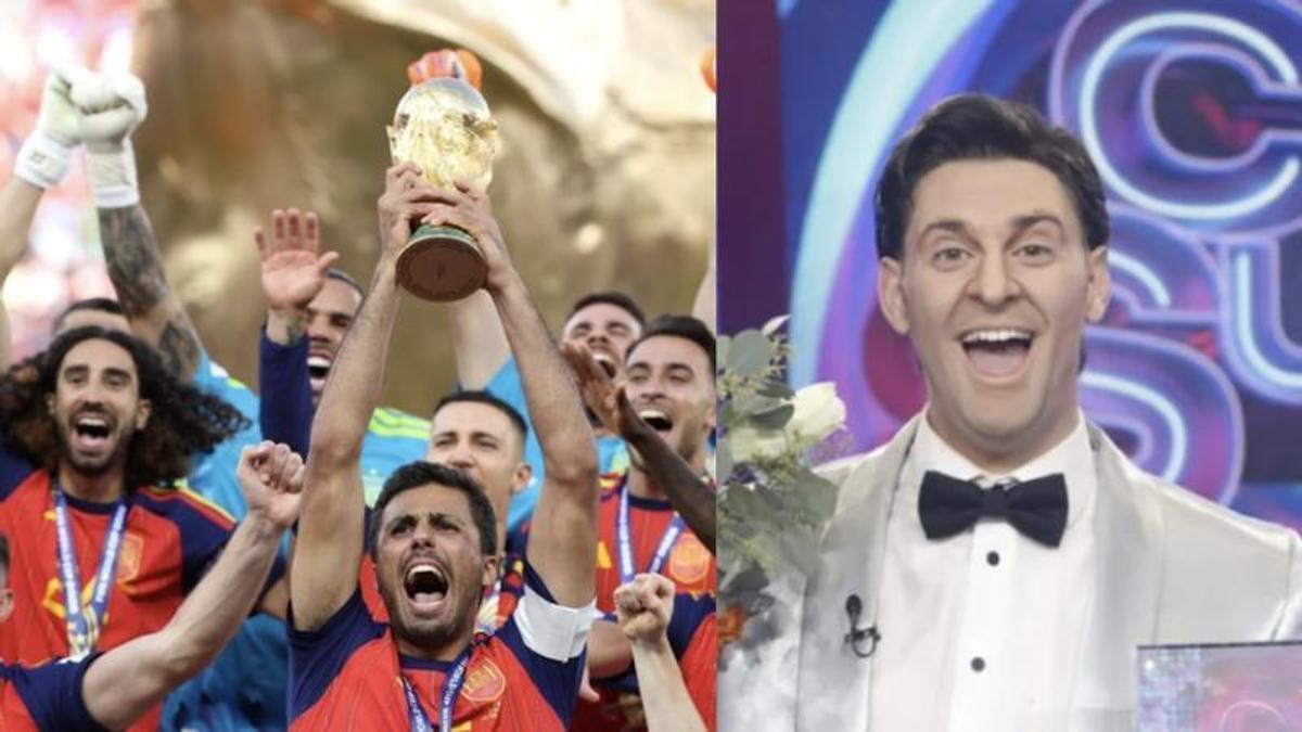 La Selección Española celebrando la victoria en elmundial y J Kbellotras ganar 'Tu cara me suena'.