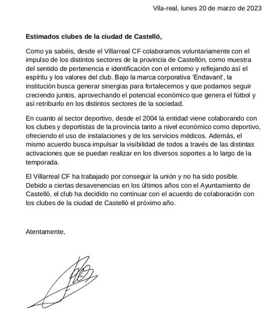 Ya es oficial: el Villarreal comunica la retirada de su apoyo "a los clubes de la ciudad de Castelló".