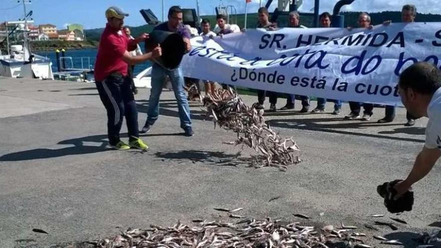 Marineros de cerco, ayer, en el puerto de Camariñas.