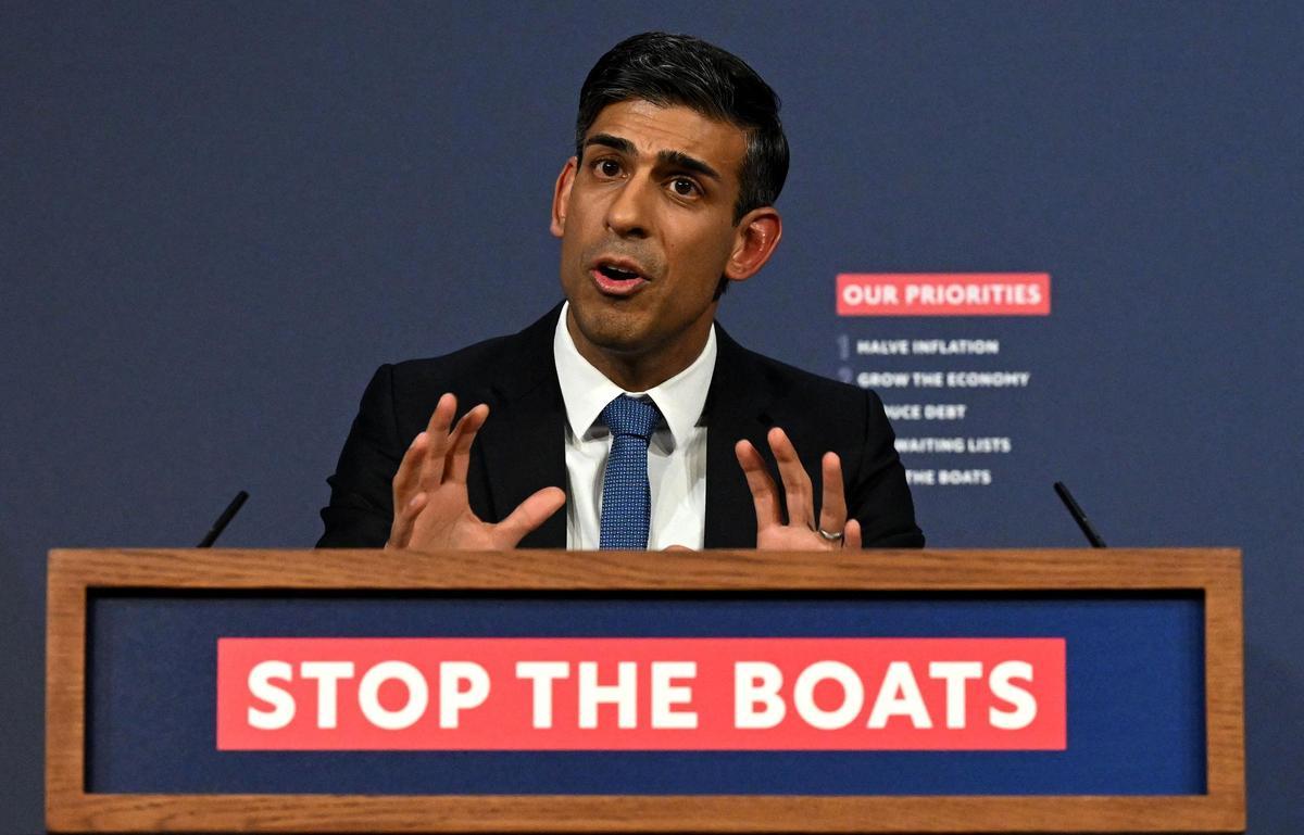 El primer ministro británico, Rishi Sunak, en una rueda de prensa.