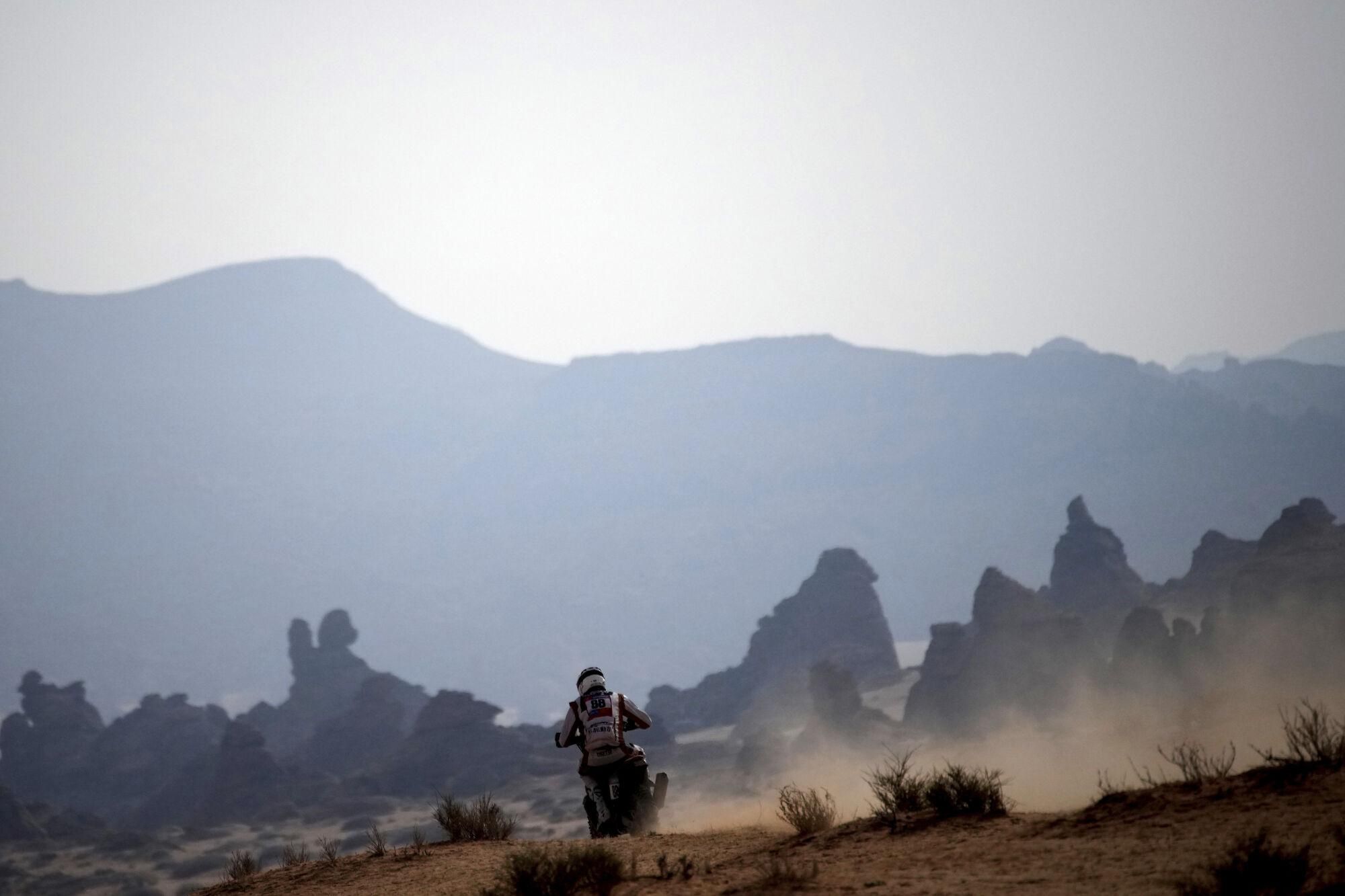 Arunas Gelazninkas of Lithuania rides during the fifth stage of the Dakar Rally between Alula and Hail, Saudi Arabia, Thursday, Jan. 9, 2025. (AP Photo/Christophe Ena)