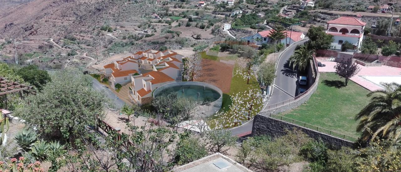 Simulación de la promoción de viviendas con tejas, dentro de una imagen real del lugar en el que se construirá, con la piscina a la derecha.