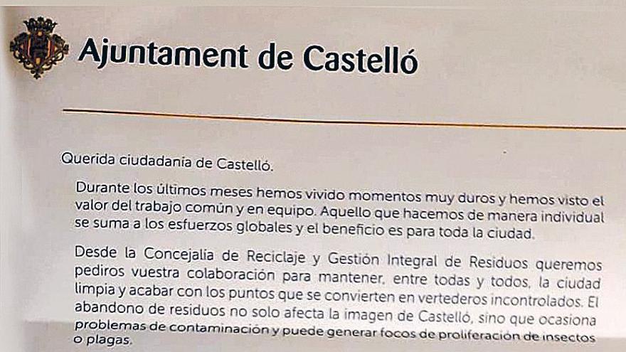 Carta del Ayuntamiento a los vecinos de Castelló