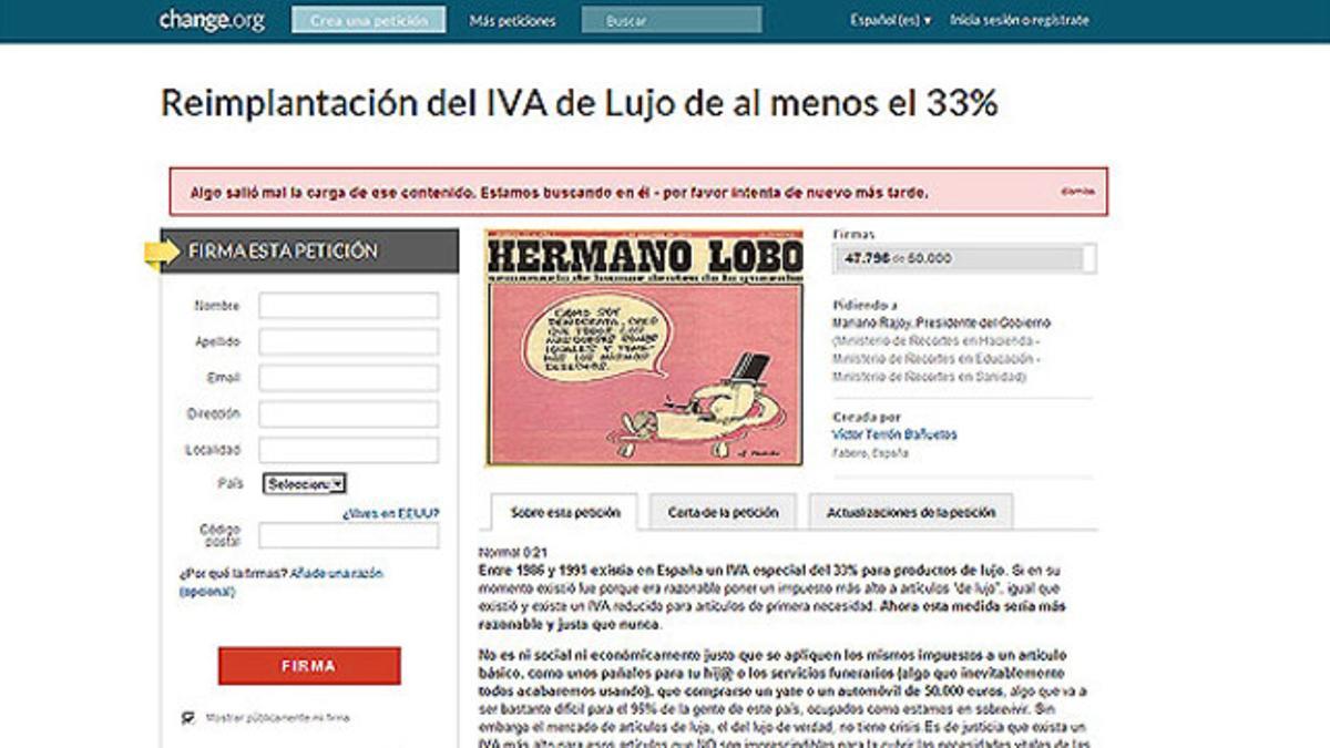 Petición de la reimplantación del IVA a los artículos de lujo en Change.org