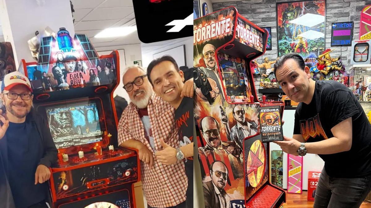 Cris Arcade junto a Álex de la Iglesia y Santiago Segura, exponiendo las máquinas con motivo de sus películas
