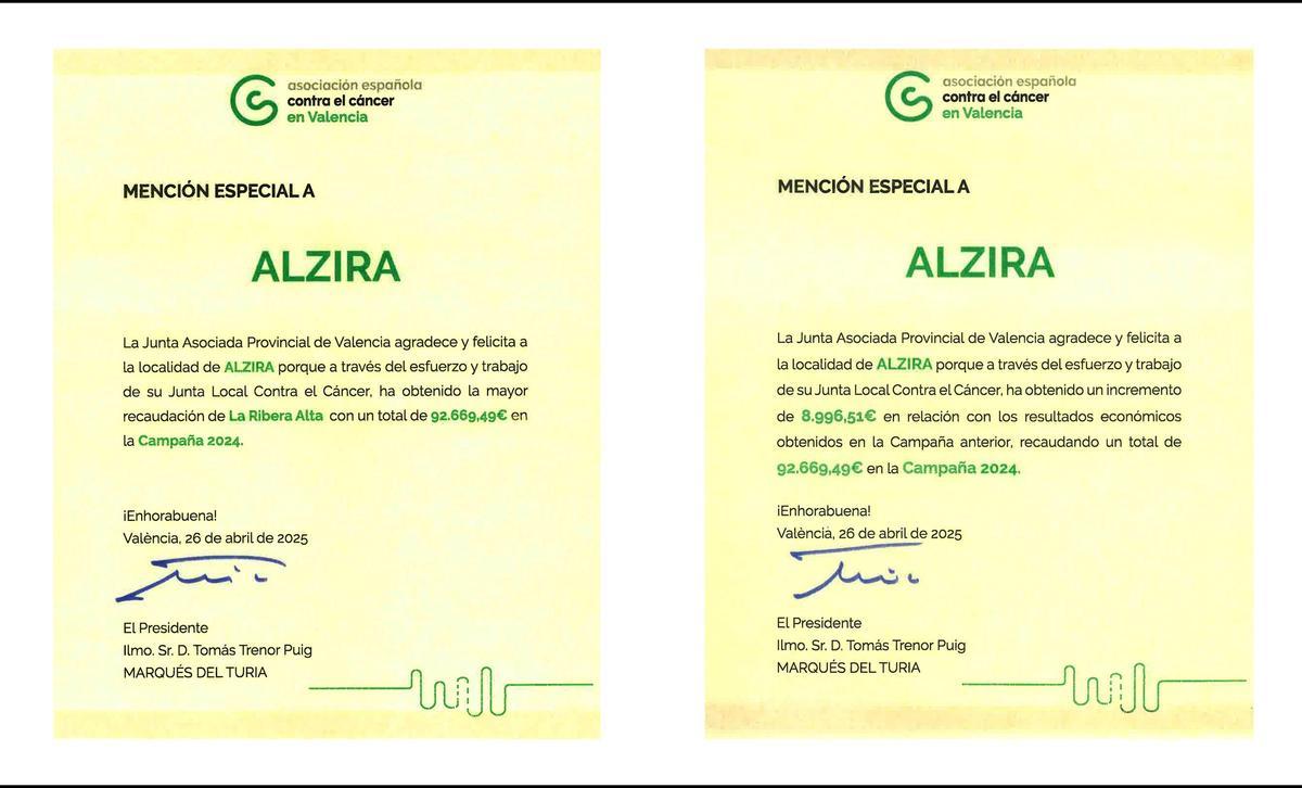 Mencions especials rebudes per la junta local d'Alzira.