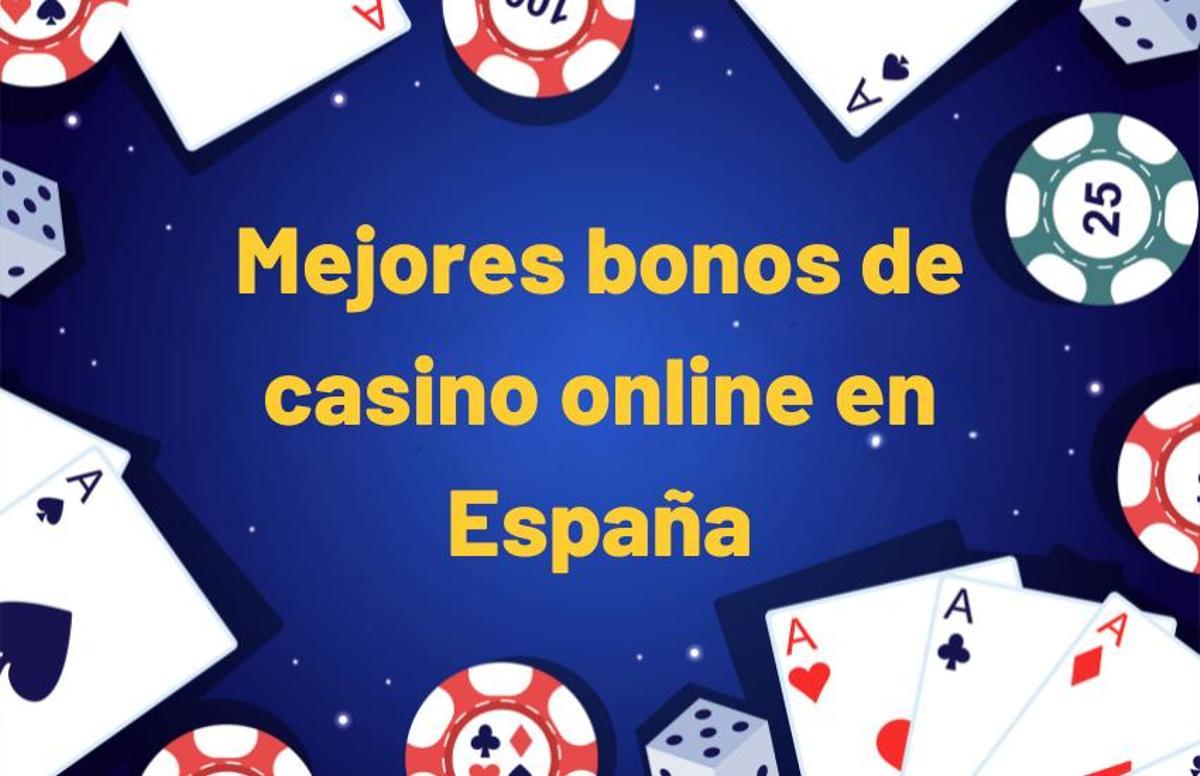 Ilustración con fichas de casino, cartas de casino y título sobre los mejores bonos de casino online en España.