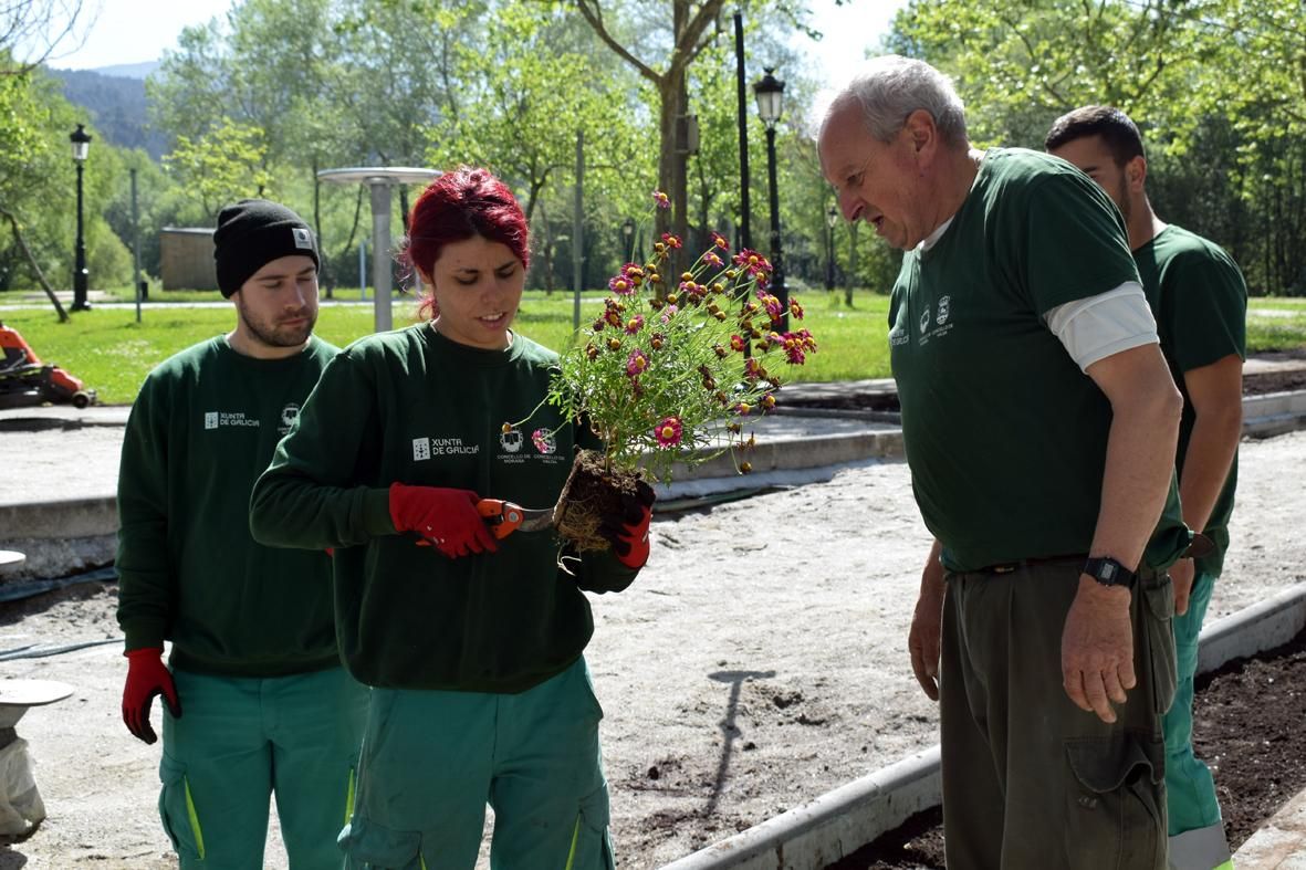 Alumnos del "Obradoiro de Emprego Xóvenes" durante la reforma y ajardinamiento del Parque Irmáns Dios Mosquera, en Valga.