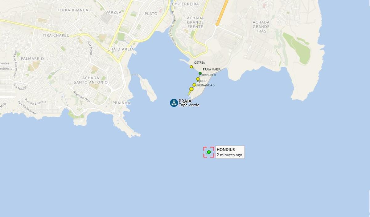 Cómo se ve el Hondius desde el rastreador, cerca de la costa de Cabo Verde.