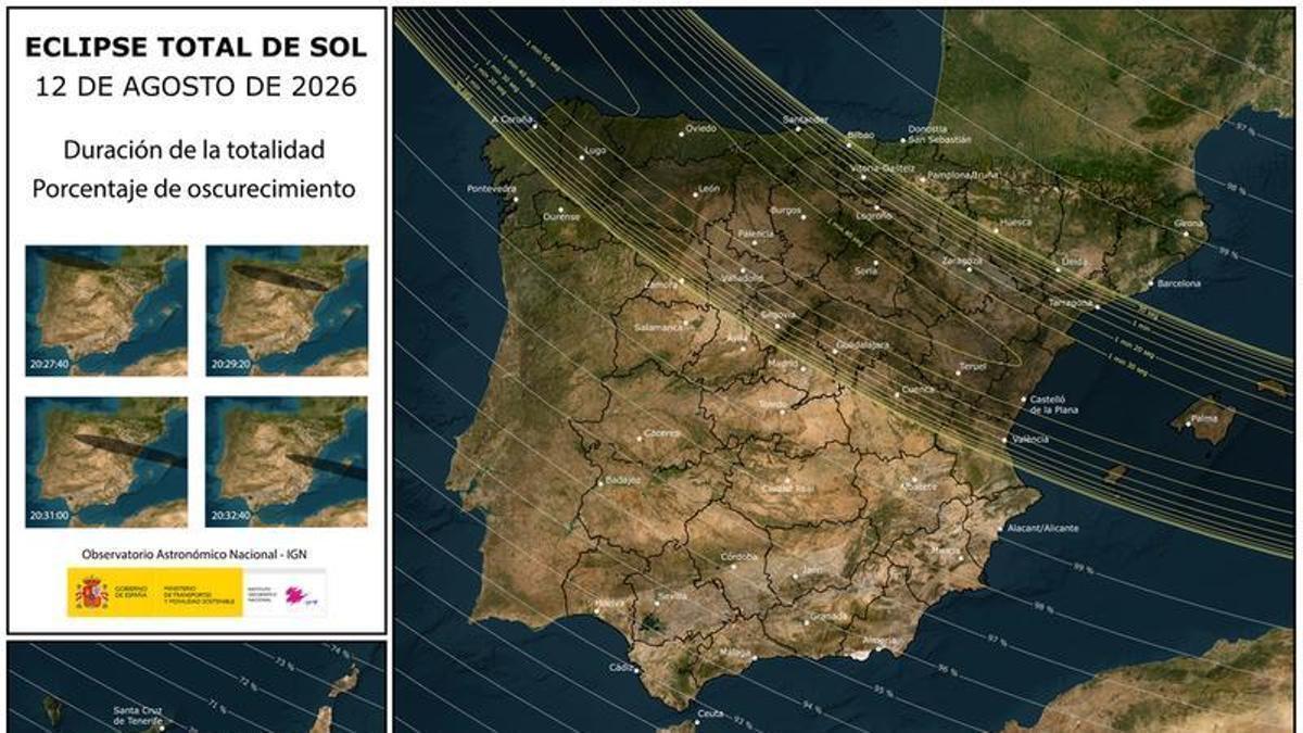 El Instituto Geográfico Nacional (IGN) ha creado un mapa de búsqueda para saber a qué hora se verá el eclipse en cada municipio.