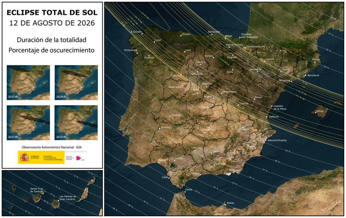 El Instituto Geográfico Nacional (IGN) ha creado un mapa de búsqueda para saber a qué hora se verá el eclipse en cada municipio.