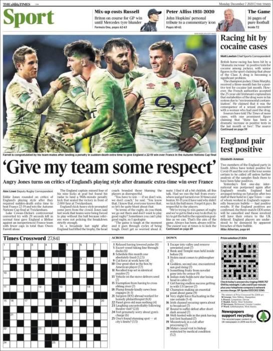 Portada THE TIMES SPORT lunes 7 diciembre 2020