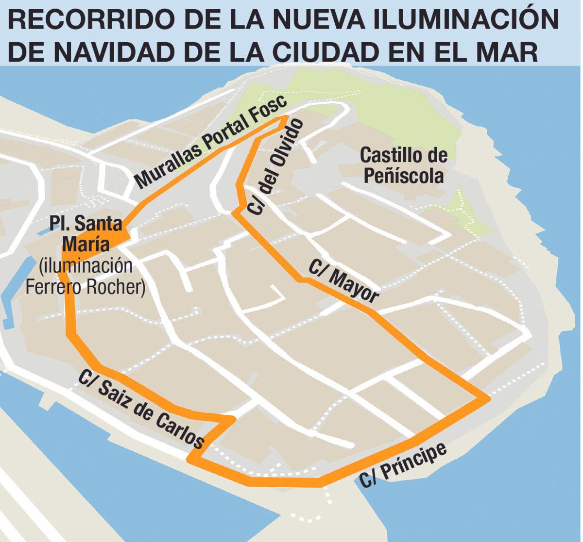 Itinerario del recorrido de la nueva iluminación de Peñíscola