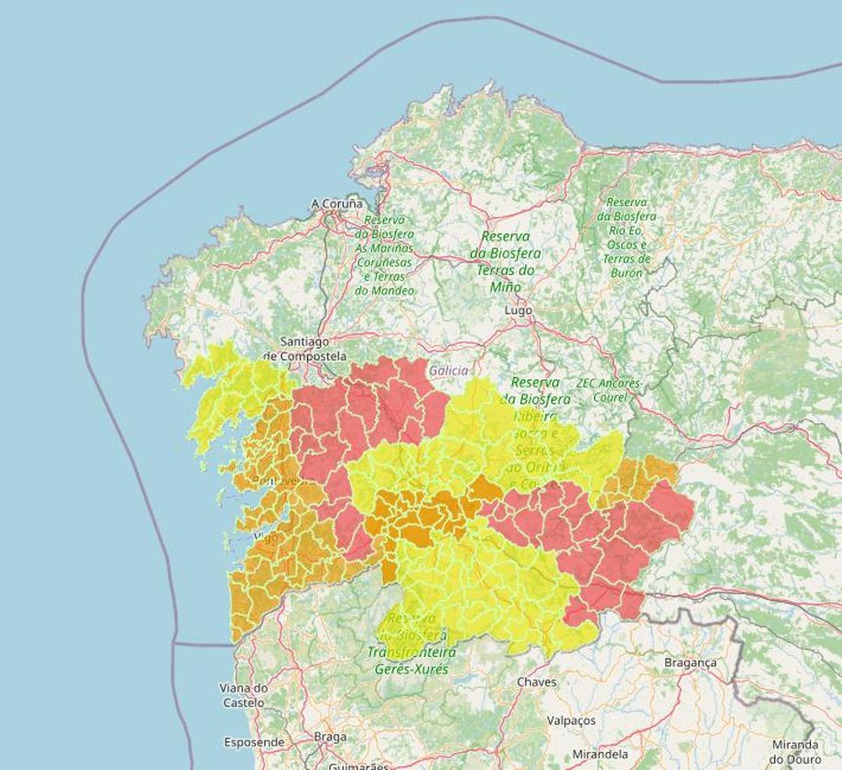 Mapa alertas por altas temperaturas Galicia