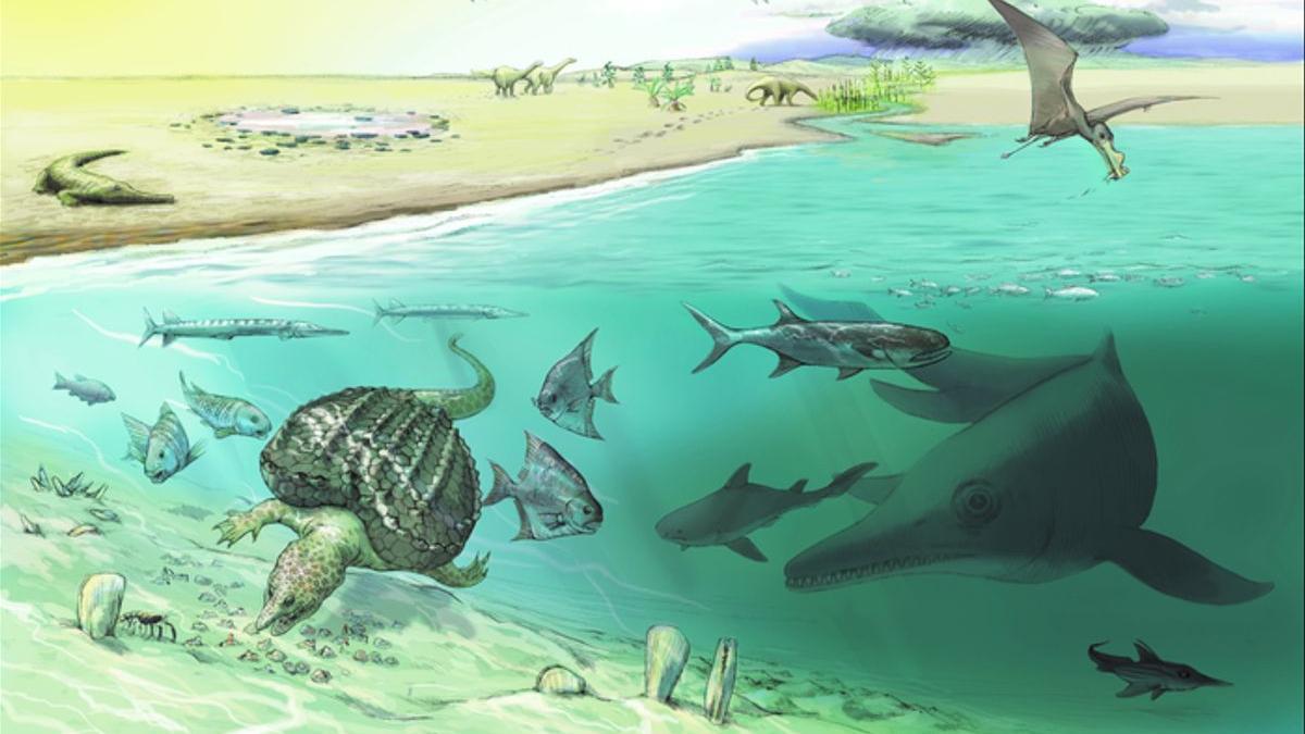 Recreación artística de los animales marinos hace 200 millones de años en la región que ahora corresponde a los Alpes.