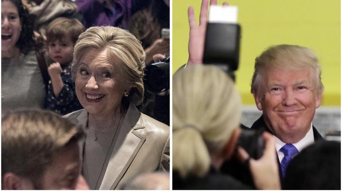 Combo de fotografías de Clinton y Trump, tras votar en sus respectivos centros electorales, este martes.