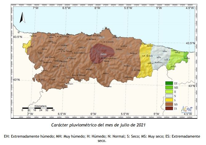 Carácter pluviométrico de julio de 2021 en Asturias