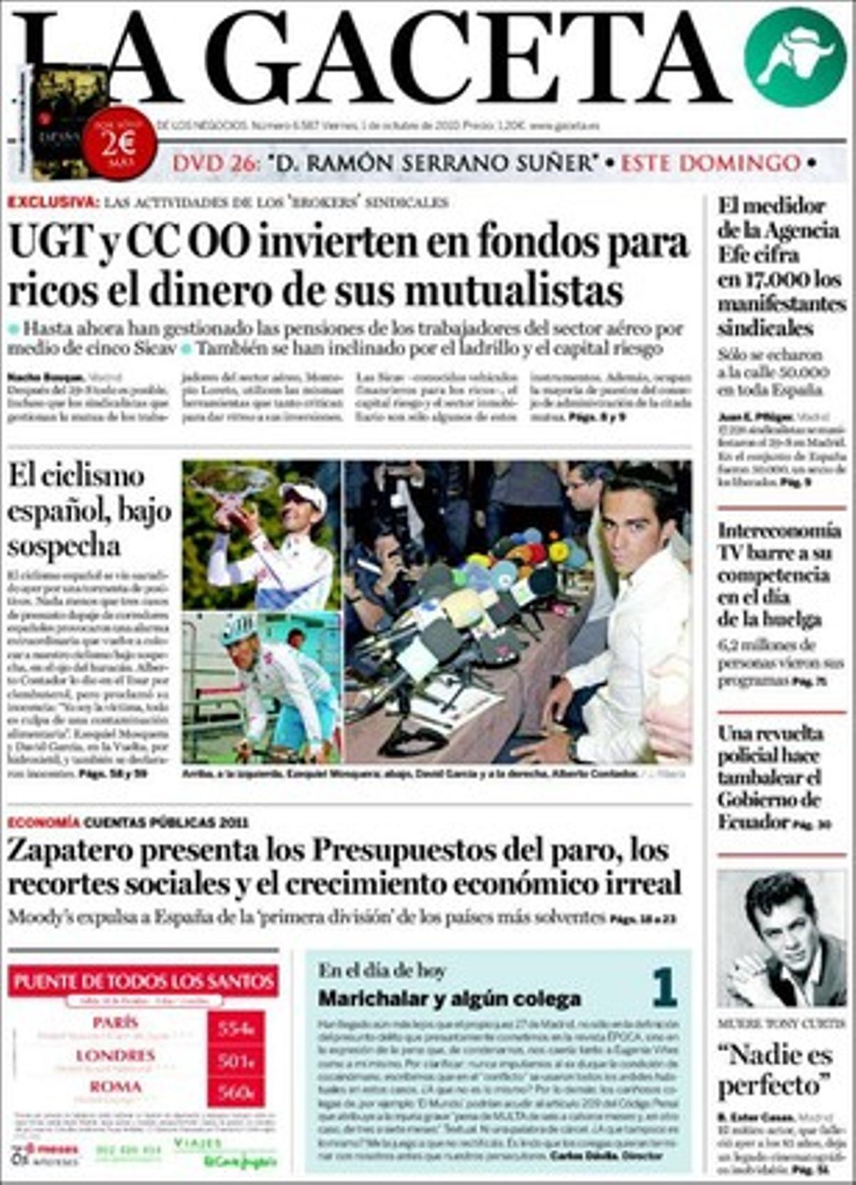 ’La Gaceta’ destaca, a més dels seus temes de portada, que Zapatero es decanta per Octavio Granado per rellevar Celestino Corbacho com a ministre de Treball.
