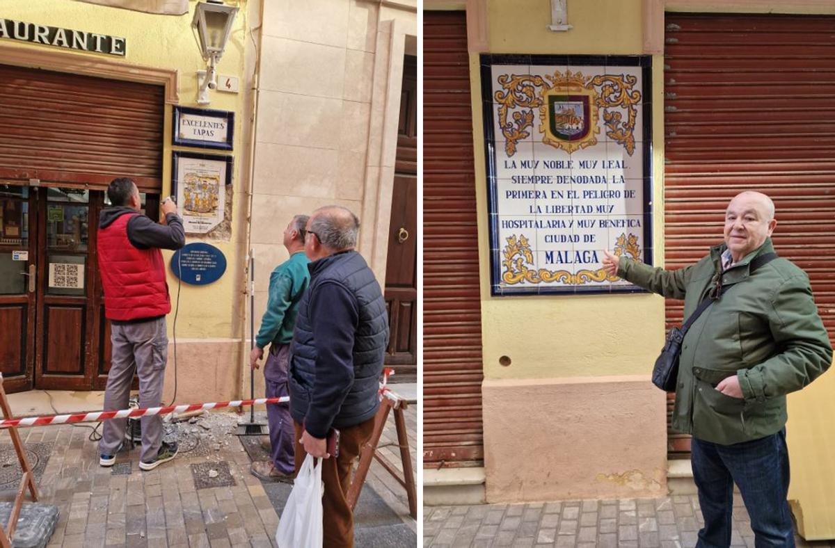 A la izquierda, retirada de uno de los azulejos; a la derecha, el presidente de las peñas, Manuel Curtido, con el azulejo del escudo de Málaga.