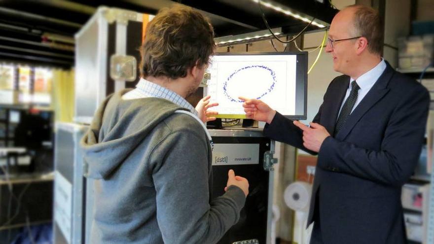 El profesor Kai Bongs (derecha), explicando la tecnología del sensor cuántico.