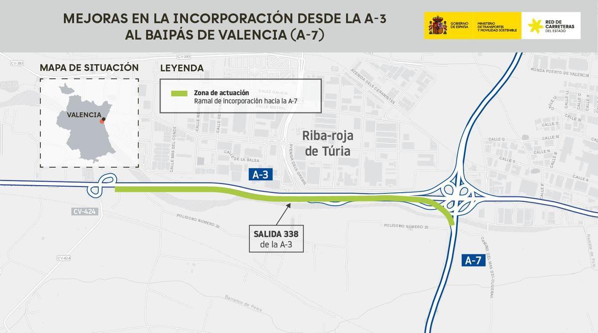 La conexión entre la A-3 y la A-7 en València ganará capacidad a la altura de Riba-roja.
