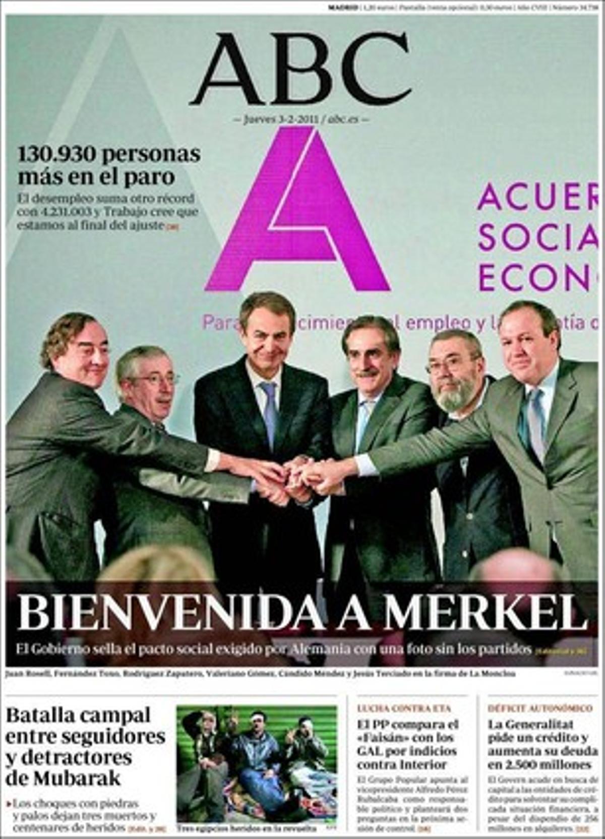 ’Abc’ també destaca que el PP obre la cacera contra Rubalcaba pel ’cas Faisà’ i els compara amb els GAL, i que el Govern espanyol manté paralitzat des de fa sis mesos el pla de retorn d’immigrants al seu país, amb la qual cosa n’hi ha més de 3.000 en llista d’espera.