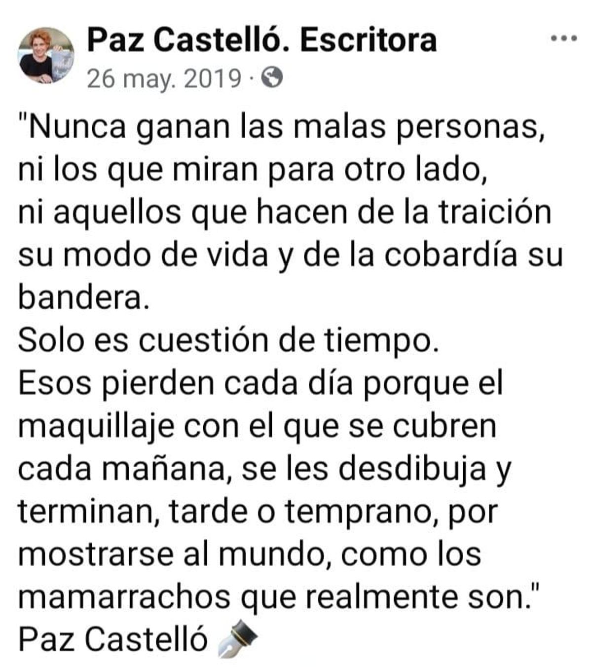 Captura de la publicación de Paz Castelló en 2019.