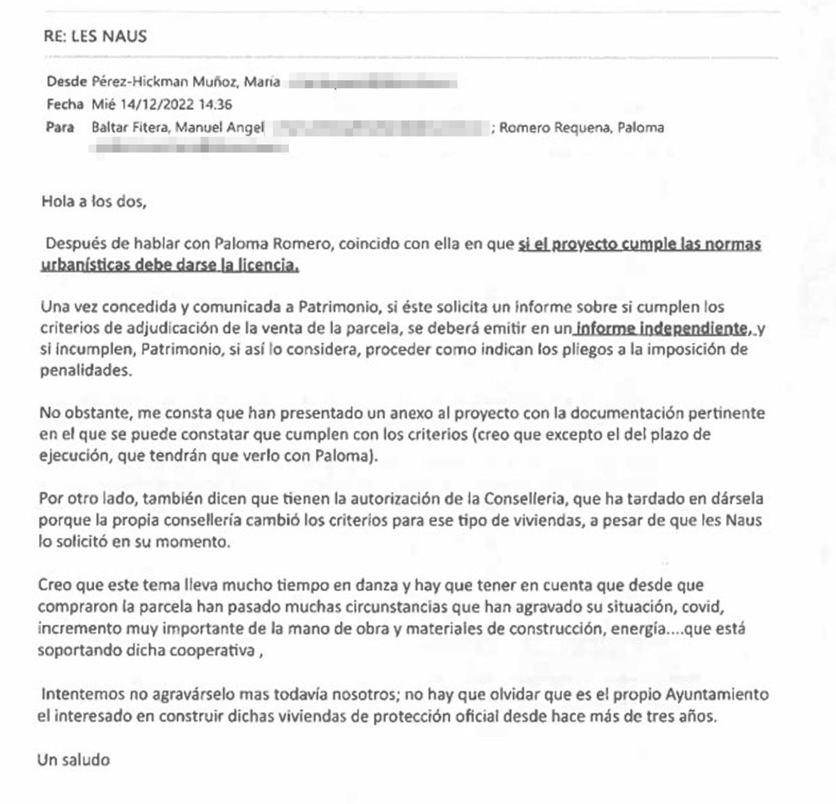 Correo de Pérez-Hickman, sobre la licencia de obras a Les Naus, recogido en la causa