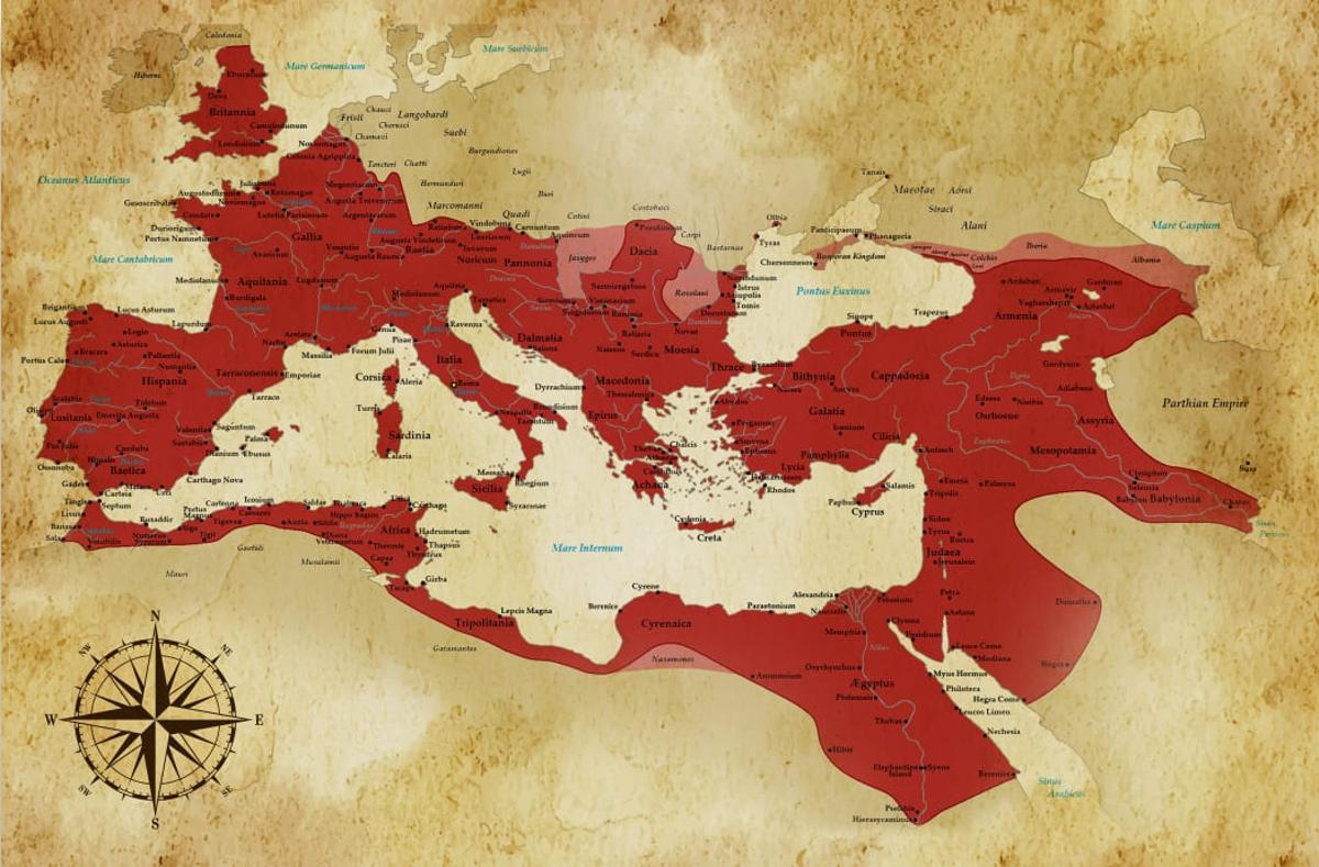 El Imperio Romano (en color rojo) y sus estados vasallos (en color rosa) en el año 117 dC, durante el reinado del emperador Trajano.