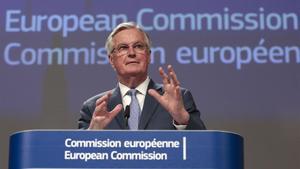 El negociador de la UE para la relación con el Reino Unido tras el ’brexit’, Michel Barnier, durante la rueda de pensa que ha concedido este lunes.