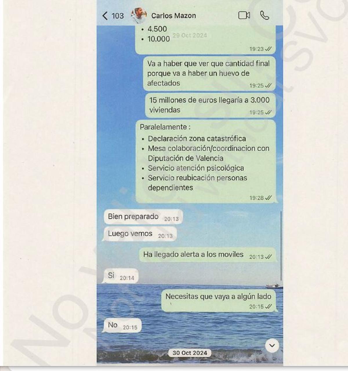 Pantallazo de los mensajes entre Cayetano García y Carlos Mazón entregados al juzgado.