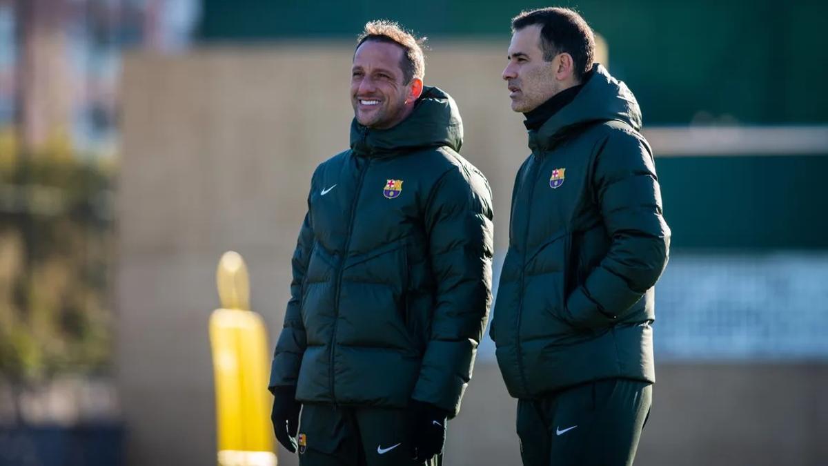 Juliano Belletti y Rafa Marquez, en un entrenamiento del Barcelona Atlètic.