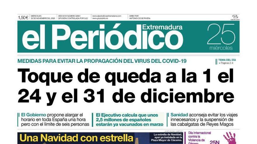 Esta es la portada de EL PERIÓDICO EXTREMADURA correspondiente al día 25 de noviembre del 2020