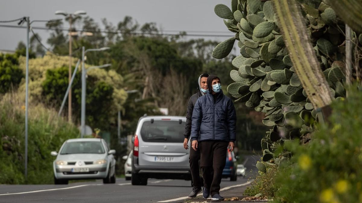 Inmigrantes caminan por la carretera en dirección a La Laguna