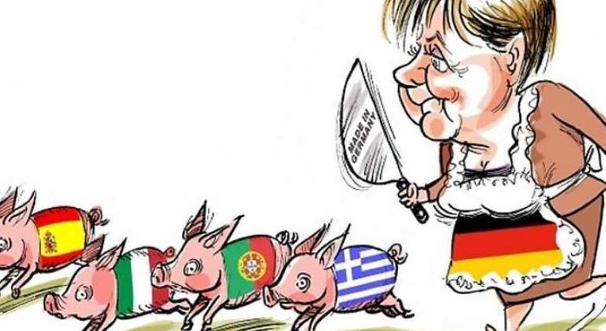 Tira cómica alemana en la que Merkel espera para sacrificar a los PIGS del sur